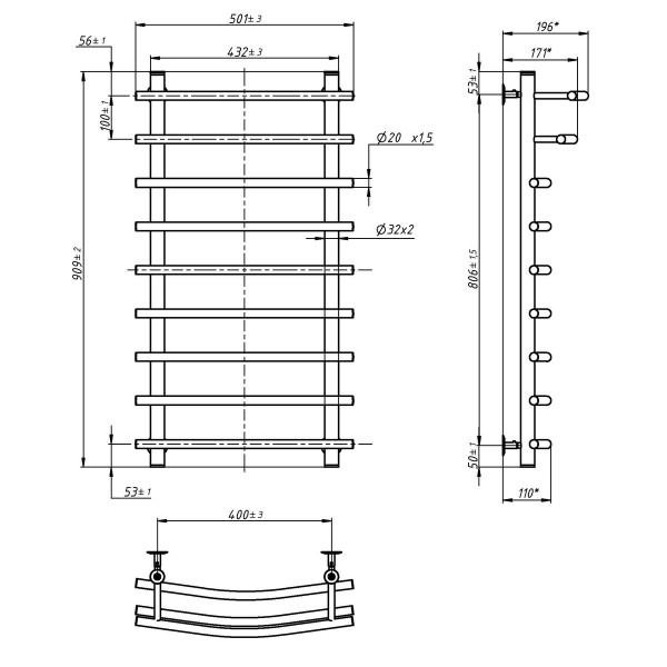 Water heated towel rail NAVIN Premium 500x900x400