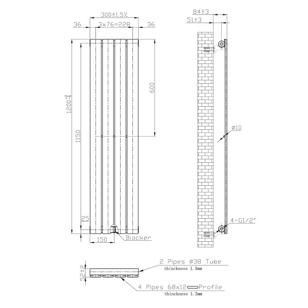 Vertical radiator NAVIN Largo 300x1200-4, black moire