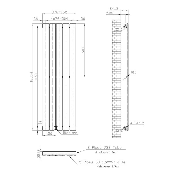 Vertical radiator NAVIN Largo 376х1200-5, white