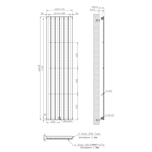 Vertical radiator NAVIN Largo 452х1800-6, white