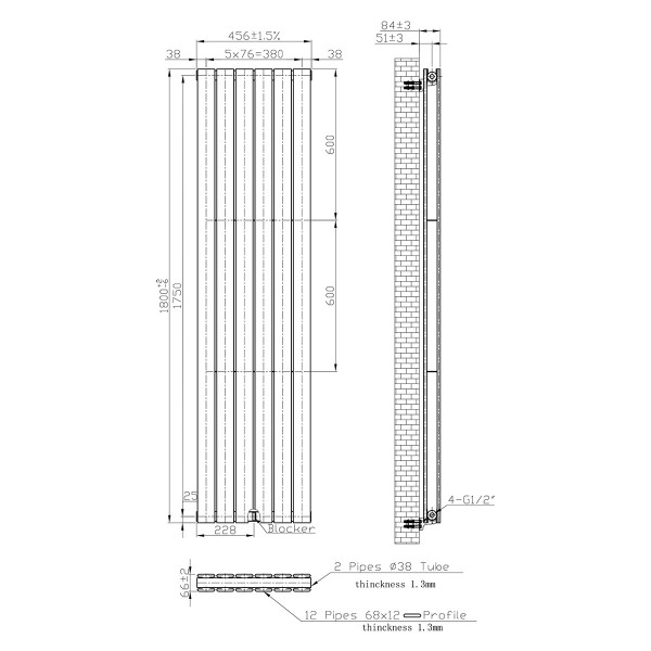 Vertical radiator NAVIN Largo Double 452х1800-6, white