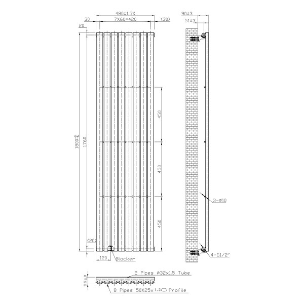 Vertical radiator Ellipse 480х1800-8, anticor, black moire