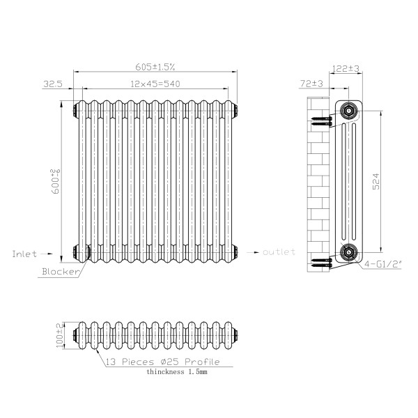 Vertical radiator Calidum-3 605х600-13, anticor, white