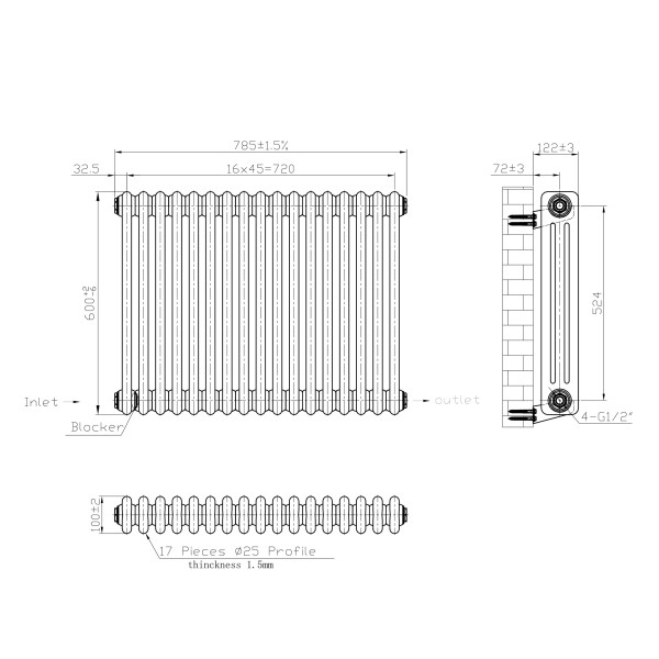 Vertical radiator NAVIN Calidum-3 783х600-17, white