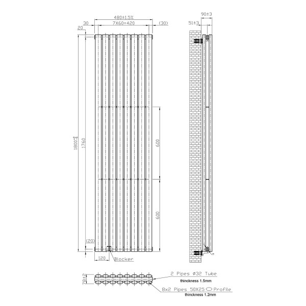 Vertical radiator Ellipse Double 480х1800-8, anticor, white