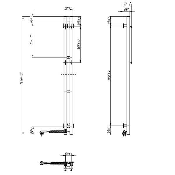 Electric heated towel rail NAVIN Silhouette Quadro 90x1200 Sensor right