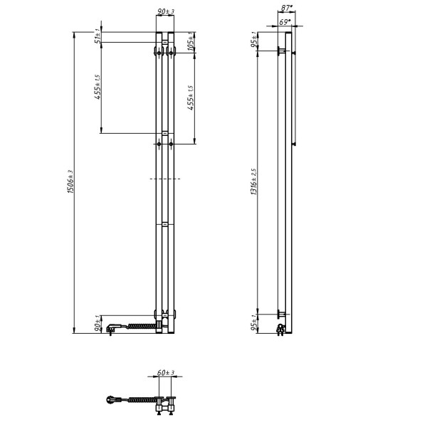 Electric heated towel rail NAVIN Silhouette Quadro 90x1500 Sensor right, black moire