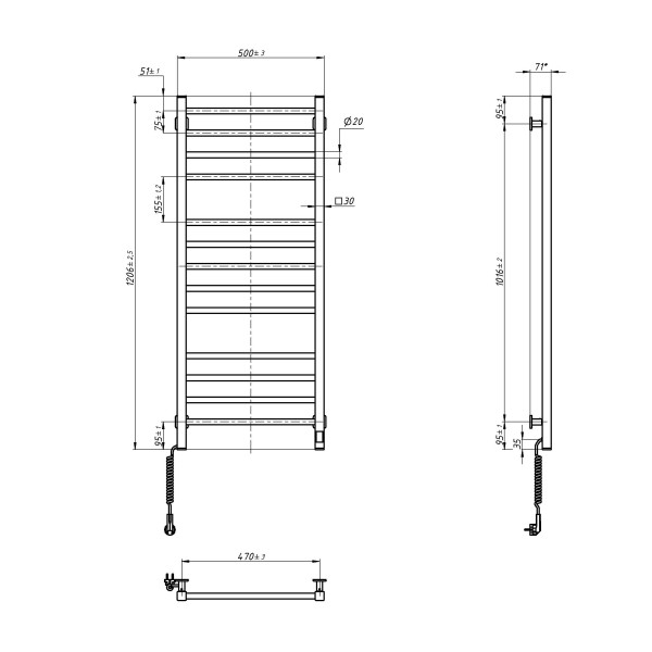 Рушникосушка Navin Класик Квадро 500х1200 Sensor з Wi-Fi, ліва, чорний муар