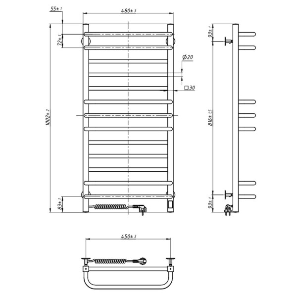 Heated towel rail Navin Grandis 480x1000 Sensor left with timer