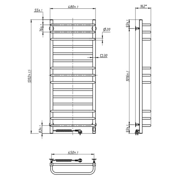 Electric heated towel rail made of stainless steel Navin Grandis 480x1200 Sensor left-handed with timer, polished