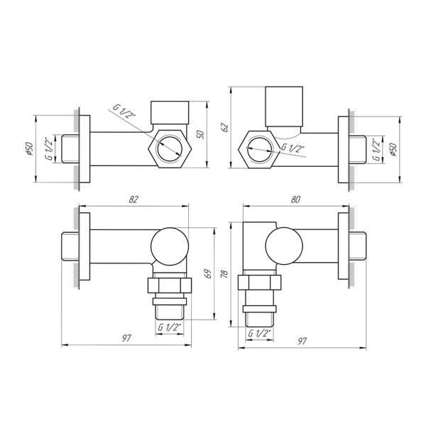 Кран кутовий під ТЕН 1/2"х1/2", чорний, 2шт.