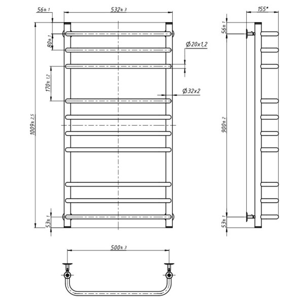 Water heated towel rail Symphony 500x1000