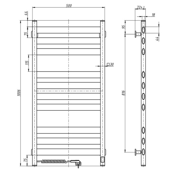 Electric heated towel rail NAVIN Ellipse 500x1000 Sensor left, black moiré, timer