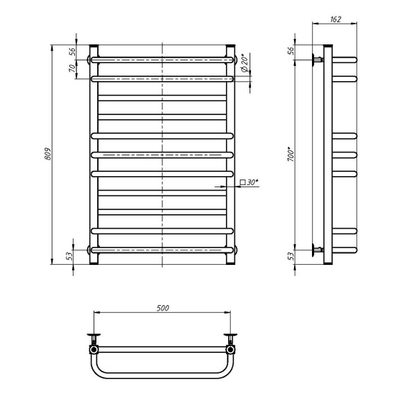 Stainless steel water heated towel rail Grandis 500x800, color - black moiré