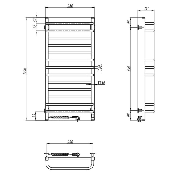 Electric heated towel rail Navin Grandis 480x1000 Sensor left-handed with timer, color - white