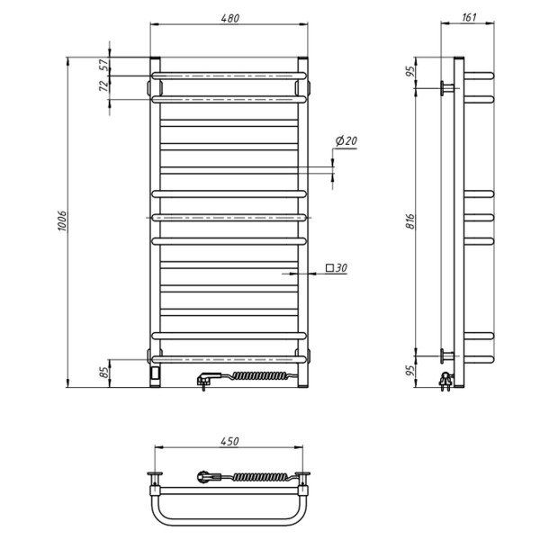 Electric heated towel rail Navin Grandis 480x1000 Sensor right-handed with timer, color - white