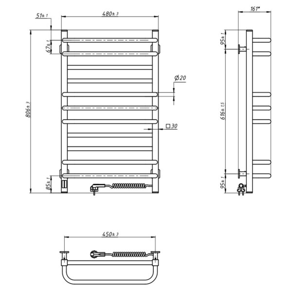 Heated towel rail Navin Grandis 480x800 Sensor right with timer, black