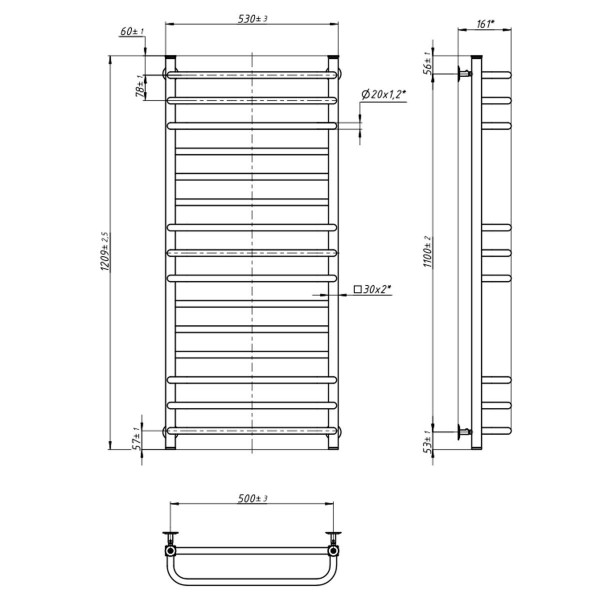 Stainless steel water heated towel rail Grandis 500x1200, color - black moiré