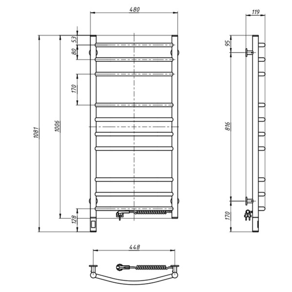 Navin heated towel rail Camelia 480x1000 Sensor right with timer, black moire