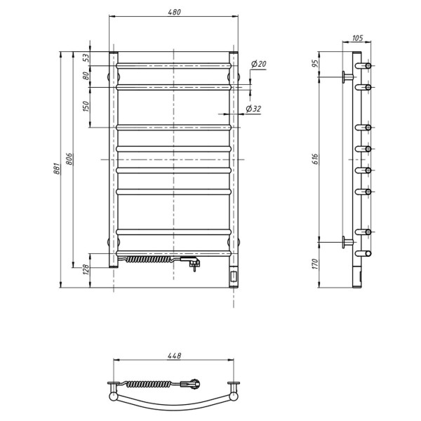 Electric heated towel rail NAVIN Camellia 480x800 left sensor with timer