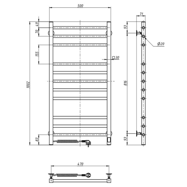 Electric heated towel rail NAVIN Classic Quadro 500x1000 Sensor right, left