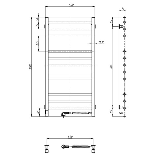 Heated towel rail Classic Quadro 500x1000 Sensor right with timer, black moire