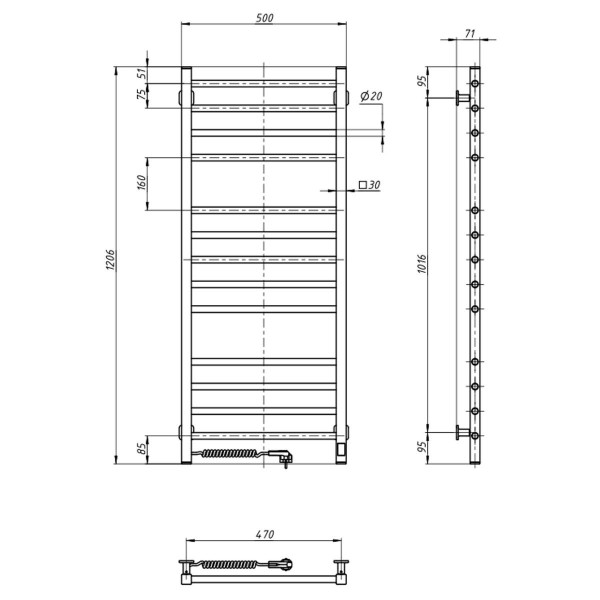 Heated towel rail Classic Quadro 500x1200 Sensor left with timer, black moire