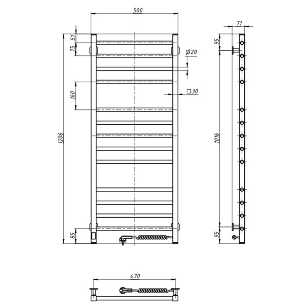 Electric heated towel rail Navin Classic Quadro 500x1200 Sensor right-handed, color - white