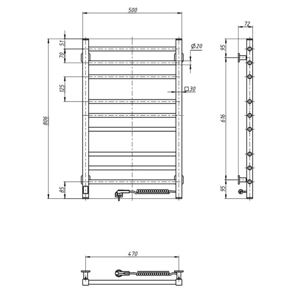 Heated towel rail Classic Quadro 500x800 Sensor right with timer, black moire