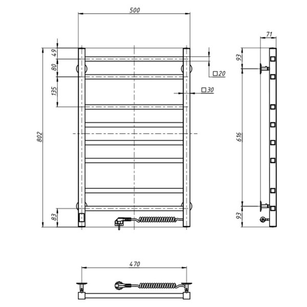 Electric heated towel rail NAVIN Loft 500x800 Sensor right, timer