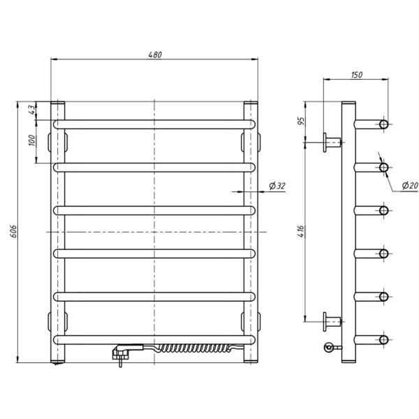 Electric heated towel rail NAVIN Symphony 480x600 right