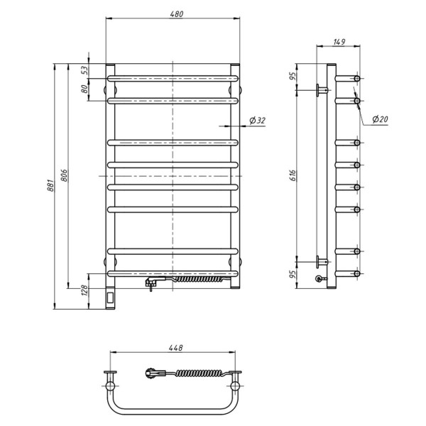 Electric heated towel rail NAVIN Symphony 480x800 right sensor with timer