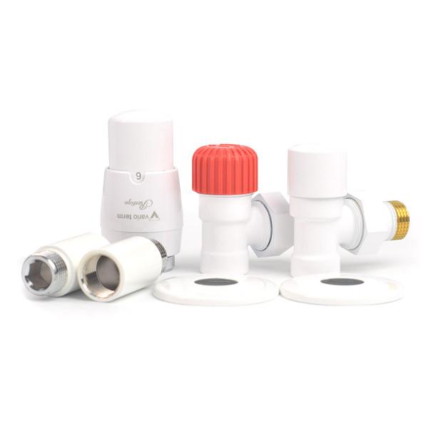 Комплект підключення радіатора термостатичний Vario Term ROYAL, білий, подовжувачі 40 мм (2 шт), маскувальні розетки (2 шт)