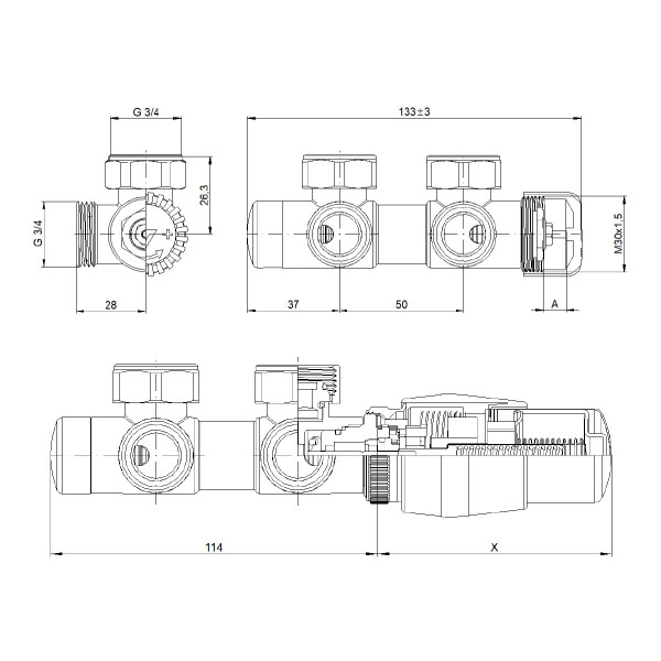 Комплект термостатичний Vario Term TWINS 50 мм, кутовий, правий, чорний структурний, TSGS0214CFK/P