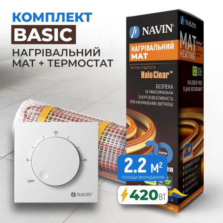 Basic underfloor heating kit - heating mat NAVIN HaloClear 420 W / 2.2 m² (4.4 m) + thermostat NAVIN EH84WM-16A, matte white