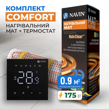 Комплект теплого пола Comfort - нагревательный мат NAVIN HaloClear 175 Вт / 0.9 м² (1.8 м) + терморегулятор WT410 W-16A с Wi-Fi, черный матовый